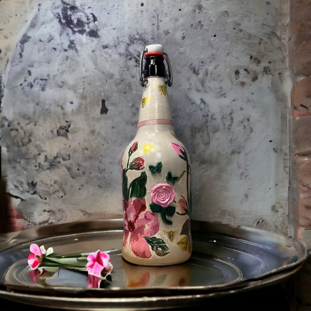 Artisan Grolsch Vintage Glass Bottle Hand Painted Decoupaged 3D Clay Art Design - Picture 7 of 16